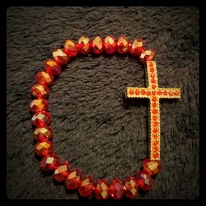Red Beaded Cross Rhinestone Bracelet